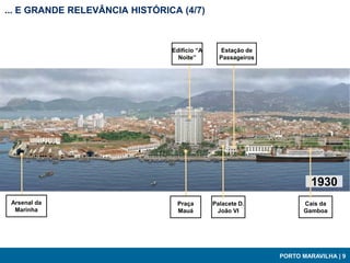 ... E GRANDE RELEVÂNCIA HISTÓRICA (4/7)



                                Edifício “A     Estação de
                                  Noite”        Passageiros




                                                                       1930
 Arsenal da                      Praça        Palacete D.           Cais da
  Marinha                        Mauá          João VI              Gamboa




                                                              PORTO MARAVILHA | 9
 