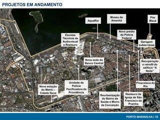 PROJETOS EM ANDAMENTO

                                                               Museu do                     Píer
                                               AquaRio         Amanhã                       Mauá


                                                                     Novo prédio
                             Escolas                                  da Polícia
                           Técnicas de                                 Federal
                           Audiovisual                                               Garagem
                           e Restauro                                               subterrânea




                                          Nova sede do                                Recuperação
                                          Banco Central                                e retrofit do
                                                                                        edifício “A
                                                                                          Noite”



                               Unidade de                                          Pinacoteca do
            Nova estação         Polícia                                                Rio
             do Metrô –      Pacificadora da
            Cidade Nova       Providência
                                                         Reurbanização     Restauro da
                                                          do Bairro da    Igreja de São
                                                         Saúde e Morro    Francisco da
                                                         da Conceição        Prainha



                                                                           PORTO MARAVILHA | 18
 