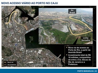 NOVO ACESSO VIÁRIO AO PORTO NO CAJU

                                            Av.
                                           Brasil




                                                          Linha
                                                        Vermelha


                                       Nova via de acesso ao
                                          Porto do Rio, a partir da
                                          Avenida Brasil
                                         Investimento total de R$
                                          18 milhões, compartilha-
                                          do entre a Cia. Docas do
   Nova via                               Rio de Janeiro e a
   Via existente                          Prefeitura


                                                    PORTO MARAVILHA | 32
 