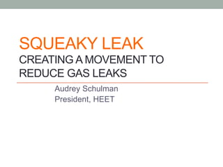 SQUEAKY LEAK
CREATING A MOVEMENT TO
REDUCE GAS LEAKS
Audrey Schulman
President, HEET
 