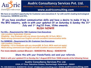 Audric Consultancy Services Pvt. Ltd. Information Technology | Human Resources | Business Research & Consulting www.audricconsulting.com ,[object Object],[object Object],[object Object],[object Object],[object Object],[object Object],[object Object],[object Object],[object Object],[object Object],[object Object],[object Object],[object Object],[object Object],Audric Consultancy Services Pvt. Ltd. 616/A, 6 th  Floor, Babukhan Estates, Basheerbagh, Hyderabad – 500001  Ph: 040-65261613, 9246363152 | Email: info@audricconsulting.com |  www.audricconsulting.com  