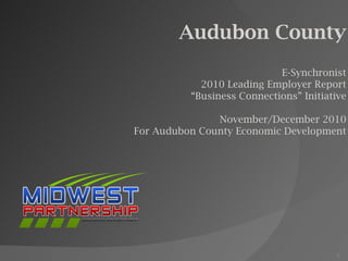 Audubon County E-Synchronist 2010 Leading Employer Report “ Business Connections” Initiative November/December 2010 For Audubon County Economic Development 