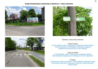 46
Audyt infrastruktury rowerowej w Zawierciu – trasy rowerowe
Zawiercie, zielona trasa rowerowa
U góry po lewej
Ul. Grunwaldzka, wylot ul. Spacerowej. Droga dla rowerów zakręca
– brak jest zjazdów umożliwiających rowerzystom wygodne
i bezpieczne poruszanie się w innych relacjach
U góry po prawej
Ul. Grunwaldzka, wylot ul. Spacerowej. Prowadzące donikąd
niestandardowe drogowskazy nie istniejących już tras rowerowych
Po lewej
Ul. Spacerowa, zjazd na posesję nr 7. Na przejeździe rowerowym droga
dla rowerów przechodzi w ciąg pieszo-rowerowy z kostki betonowej,
zamiast asfaltu
 
