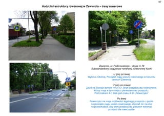 67
Audyt infrastruktury rowerowej w Zawierciu – trasy rowerowe
Zawiercie, ul. Paderewskiego – droga nr 78
Substandardowy ciąg pieszo-rowerowy z betonowej kostki
U góry po lewej
Wylot ul. Okólnej. Początek ciągu pieszo-rowerowego w kierunku
centrum Zawiercia
U góry po prawej
Zjazd na posesje domów nr 51÷57. Brak przejazdu dla rowerzystów,
którzy mają w tym miejscu pierwszeństwo przejazdu.
Pod znakiem A-7 brak jest znaku A-24 „Rowerzyści”
Po lewej
Rowerzyści nie mają możliwości legalnego przejazdu z jezdni
na początek ciągu pieszo-rowerowego, chociaż nic nie stoi
na przeszkodzie, aby obok przejścia dla pieszych wykonać
przejazd dla rowerzystów
 