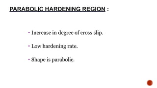 • Increase in degree of cross slip.
• Low hardening rate.
• Shape is parabolic.
12
 