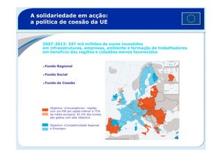 A solidariedade em acção:
a política de coesão da UE
2007-2013: 347 mil milhões de euros investidos
em infraestruturas, empresas, ambiente e formação de trabalhadores
em benefício das regiões e cidadãos menos favorecidos
Fundo Regional
Fundo Social
Fundo de Coesão
Objectivo «Convergência»: regiões
com um PIB per capita inferior a 75%
da média europeia; 81,5% dos fundos
são gastos com este objectivo
Objectivo «Competitividade Regional
e Emprego»
 