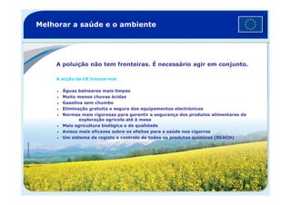 Melhorar a saúde e o ambiente
A poluição não tem fronteiras. É necessário agir em conjunto.
A acção da UE trouxe-nos:
Águas balneares mais limpas
Muito menos chuvas ácidas
Gasolina sem chumboGasolina sem chumbo
Eliminação gratuita e segura dos equipamentos electrónicos
Normas mais rigorosas para garantir a segurança dos produtos alimentares da
exploração agrícola até à mesa
Mais agricultura biológica e de qualidade
Avisos mais eficazes sobre os efeitos para a saúde nos cigarros
Um sistema de registo e controlo de todos os produtos químicos (REACH)
©VanParysMedia
 