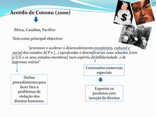 Acordo de Cotonu (2000)África, Caraíbas, PacíficoTem como principal objectivo:“promover e acelerar o desenvolvimento económico, cultural e social dos estados ACP e […] aprofundar e diversificar as suas relações [com a U.E e os seus estados-membros] num espírito de solidariedade  e de interesse mútuo”Concessões comercias especiaisDefine procedimentos para fazer face a problemas de violação dos direitos humanos.Exportar os produtos com isenção de direitos
