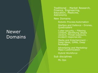 Newer
Domains
 Traditional - Market Research,
Finance, Engineering,
Education, Medicine,
Astronomy
 New Domains
 Robotic Process Automation
 Warfare and Defence - Drones,
Quadcopters
 Cyber security – Filtering
content, identifying attack
vectors, Threat exposure,
incident response etc.
 Media and Entertainment -
Deep fakes, GANs, Deep
Nostalgia
 Advertising and Marketing-
Mass Customization
 Hybrid Workforce
 Sub disciplines
 ML Ops
 