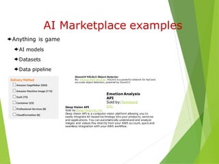 Anything is game
AI models
Datasets
Data pipeline
management
ML Ops
AI Marketplace examples
GluonCV YOLOv3 Object Detector
By: Amazon Web Services YOLOv3 is a powerful network for fast and
accurate object detection, powered by GluonCV.
Emotion Analysis
API
Sold by:Twinword
Inc.
Deep Vision API
Sold by:Deep Vision AI, Inc
Deep Vision API is a computer vision platform allowing you to
easily integrate AI-based technology into your products, services
and applications. You can automatically understand and analyze
images and videos.Pay directly from your AWS account, quick and
seamless integration with your AWS workflow.
 