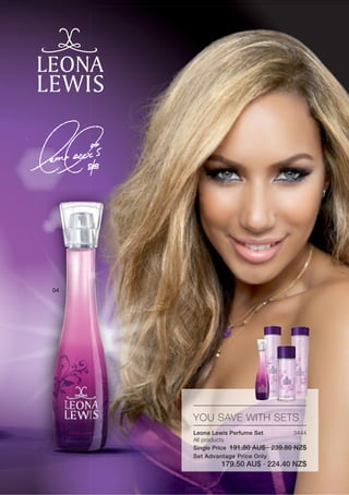 04




     YOU SAVE WITH SETS
     Leona Lewis Perfume Set          3444
     All products
     Single Price 191.80 AU$ · 239.80 NZ$
     Set Advantage Price Only
              179.50 AU$ · 224.40 NZ$
 
