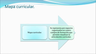 Mapa curricular.
Mapa curricular.
Se representa por espacios
organizados en cuatro
campos de formación que
permite visualizar la
articulación curricular.
 