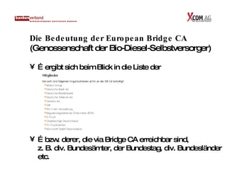 Die Bedeutung der European Bridge CA (Genossenschaft der Bio-Diesel-Selbstversorger) <ul><li>… ergibt sich beim Blick in d...