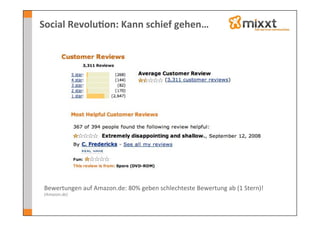 Social	
  Revolu7on:	
  Kann	
  schief	
  gehen…	
  




 Bewertungen	
  auf	
  Amazon.de:	
  80%	
  geben	
  schlechteste	
  Bewertung	
  ab	
  (1	
  Stern)!	
  
 (Amazon.de)	
  
 