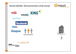 Social	
  divide:	
  Konsumenten	
  sind	
  social	
  




                  Konsumenten	
  

                                                         ?	
  
 