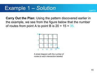 11
Example 1 – Solution
Carry Out the Plan: Using the pattern discovered earlier in
the example, we see from the figure below that the number
of routes from point A to point B is 20 + 15 = 35.
cont’d
A street diagram with the number of
routes to each intersection labeled
 