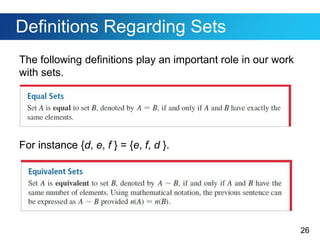 26
Definitions Regarding Sets
The following definitions play an important role in our work
with sets.
For instance {d, e, f } = {e, f, d }.
 