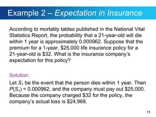 11
Example 2 – Expectation in Insurance
According to mortality tables published in the National Vital
Statistics Report, the probability that a 21-year-old will die
within 1 year is approximately 0.000962. Suppose that the
premium for a 1-year, $25,000 life insurance policy for a
21-year-old is $32. What is the insurance company’s
expectation for this policy?
Solution:
Let S1 be the event that the person dies within 1 year. Then
P(S1) = 0.000962, and the company must pay out $25,000.
Because the company charged $32 for the policy, the
company’s actual loss is $24,968.
 