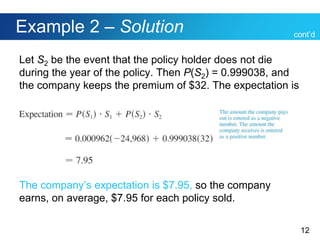 12
Example 2 – Solution
Let S2 be the event that the policy holder does not die
during the year of the policy. Then P(S2) = 0.999038, and
the company keeps the premium of $32. The expectation is
The company’s expectation is $7.95, so the company
earns, on average, $7.95 for each policy sold.
cont’d
 