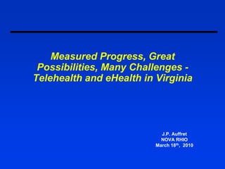Measured Progress, Great
 Possibilities, Many Challenges -
Telehealth and eHealth in Virginia




                            J.P. Auffret
                            NOVA RHIO
                          March 18th, 2010
 