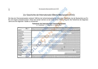 Die deutsche Mannschaft bei der IChO
+ + +
126
Zur Geschichte der Internationalen ChemieOlympiaden (IChO)
Die Idee der Chemieolympiaden entstand 1968 bei der tschechoslowakischen nationalen Olympiade, bei der Beobachter aus Po-
len und Ungarn anwesend waren. Diese drei Länder nahmen an der ersten IChO 1968 in Prag teil. Die Teilnehmer der folgenden
Jahre sind der folgenden Tabelle zu entnehmen.
Teilnehmer der Internationalen ChemieOlympiaden
(+ = Ausrichter, + = Teilnehmer, o = Beobachter)
Land 
Jahr  6
8
6
9
7
0
7
2
7
3
7
4
7
5
7
6
7
7
7
8
7
9
8
0
8
1
8
2
8
3
8
4
8
5
8
6
8
7
8
8
8
9
9
0
9
1
9
2
9
3
9
4
9
5
9
6
9
7
9
8
9
9
0
0
0
1
0
2
0
3
0
4
0
5
0
6
0
7
0
8
0
9
1
0
Argentina + + + + + + + + + + + + + + +
Armenia o o + + + +
Australien o + + + + + + + + + + + + + + + + + + + + + +
Austria + + + + + + + + + + + + + + + + + + + + + + + + + + + + + + + + + + +
Azerbaijan o o + + + + + + + + + +
Belarus + + + + + + + + + + + + + +
Belgium + + + + + + + + + + + + + + + + + + + + + + + + + + +
Brasil o o + + + + + + + + + + +
Bulgaria + + + + + + + + + + + + + + + + + + + + + + + + + + + + + + + + + + + + + + + +
Canada o o + + + + + + + + + + + + + + + + + + + + + + + +
China + + + + + + + + + + + + + + + + + + + + + +
Chinese Taipei + + + + + + + + + + + + + + + + + +
Costa Rica o o
Croatia o o + + + + + + + + + +
Land 6 6 7 7 7 7 7 7 7 7 7 8 8 8 8 8 8 8 8 8 8 9 9 9 9 9 9 9 9 9 9 0 0 0 0 0 0 0 0 0 0 1
Jahr  8 9 0 2 3 4 5 6 7 8 9 0 1 2 3 4 5 6 7 8 9 0 1 2 3 4 5 6 7 8 9 0 1 2 3 4 5 6 7 8 9 0
 