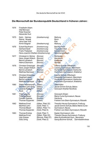 Die deutsche Mannschaft bei der IChO
135
Die Mannschaft der Bundesrepublik Deutschland in früheren Jahren:
1974 Friedhelm Adam
Olaf Börnsen
Peter Koscher
Alexander Kud
1975 Karin Heimes
Rainer Nowak
Jens-Uwe Voß
Armin Wagner
(Anerkennung)
(Anerkennung)
Marburg
Bonn
Kiel
Marburg
1976 Eckart Kaufmann
Gerhard Sextl
Frank Thalacker
(Anerkennung)
(Anerkennung)
(Anerkennung)
Bad-Pyrmont
Traunstein Bad
Gandersheim
Hans-Joachim Weißen (Anerkennung) Mönchengladbach
1977 Christoph A. Bührer
Hans Jürgen Kölsch
Bernd Lamatsch
Helmut Sitzmann
(Bronze)
(Bronze)
(Bronze)
(Bronze)
Mühlacker
Mannheim
Karlsruhe
Schopp
1978 Christian Griesinger
Hans Jürgen Kölsch
Bernd Lamatsch
Matthias Niemeyer
(Bronze)
(Gold)
(Bronze)
(Bronze)
Leibniz-Schule,Offenbach
Lessing Gymnasium, Mannheim
Humboldt-Gymnasium, Karlsruhe
Hochrhein-Gymnasium,Waldshut
1979 Christian Griesinger
Siegfried Labeit
Bernd Lamatsch (Bronze)
Leibniz-Schule,Offenbach
Lieselotte Gymnasium, Mannheim
Humboldt-Gymnasium, Karlsruhe
Matthias Niemeyer (Silber) Hochrhein-Gymnasium,Waldshut
1980 Stefan Käshammer
Manfred Lehn Thilo
Levante Rüdiger
Kock
(Silber)
(Silber)
Silber)
(Silber)
Ottenhöfen
Jacob-Grimm-Schule, Bebra
Grenzach-Wyhlen Nordholz
1981 Thilo Levante
Thomas Meyer
Carsten Spanka
Thomas Szyperski
(Bronze)
(Bronze)
(Bronze)
(Silber)
Grenzach-Wylen
Marie-Curie-Gymnasium, Neuss
Hamburg
Freiherr-von-Stein-Gymnasium,Rösrath
1982 Matthias Ernst
Manfred Lehn
Thomas Meyer
Thomas Szyperski
(Silber, Platz 22)
(Gold, Platz 1)
(Silber, Platz 11)
(Gold, Platz 6)
Theodor-Heuss-Gymnasium,Freiburg
Jacob-Grimm-Schule, Bebra Marie-Curie-
Gymnasium,Neuss
Freiherr-von-Stein-Gymnasium,Rösrath
1983 Thomas Endres
Matthias Ernst
Udo Grieser
Götz Uhrig
(Gold, Platz 7)
(Silber, Platz 22)
(Bronze, Platz 27)
(Gold, Platz 2)
Kepler-Gymnasium, Ulm
Theodor-Heuss-Gymnasium,Freiburg
Altes Kurfürstliches Gym., Benzheim
Georg-Büchner-Schule, DarmstadtAndreas
 