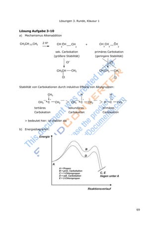 69
Lösungen 3. Runde, Klausur 1
Cl
–
+
Lösung Aufgabe 3-10
a) Mechanismus Alkenaddition
CH3CH CH2
2 H +
+CH CH CH
+
CH CH CH
3 3 3 2 2
sek. Carbokation
(größere Stabilität)
Cl
–
primäres Carbokation
(geringere Stabilität)
CH3CH CH3 CH3CH2 CH2
Cl Cl
Stabilität von Carbokationen durch induktive Effekte von Alkylgruppen:
CH3 H H
+ + +
CH3 C CH2 CH3 C CH2 H C CH2
tertiäres sekundäres primäres
Carbokation Carbokation Carbokation
> bedeutet hier: ist stabiler als
b) Energiediagramm:
 