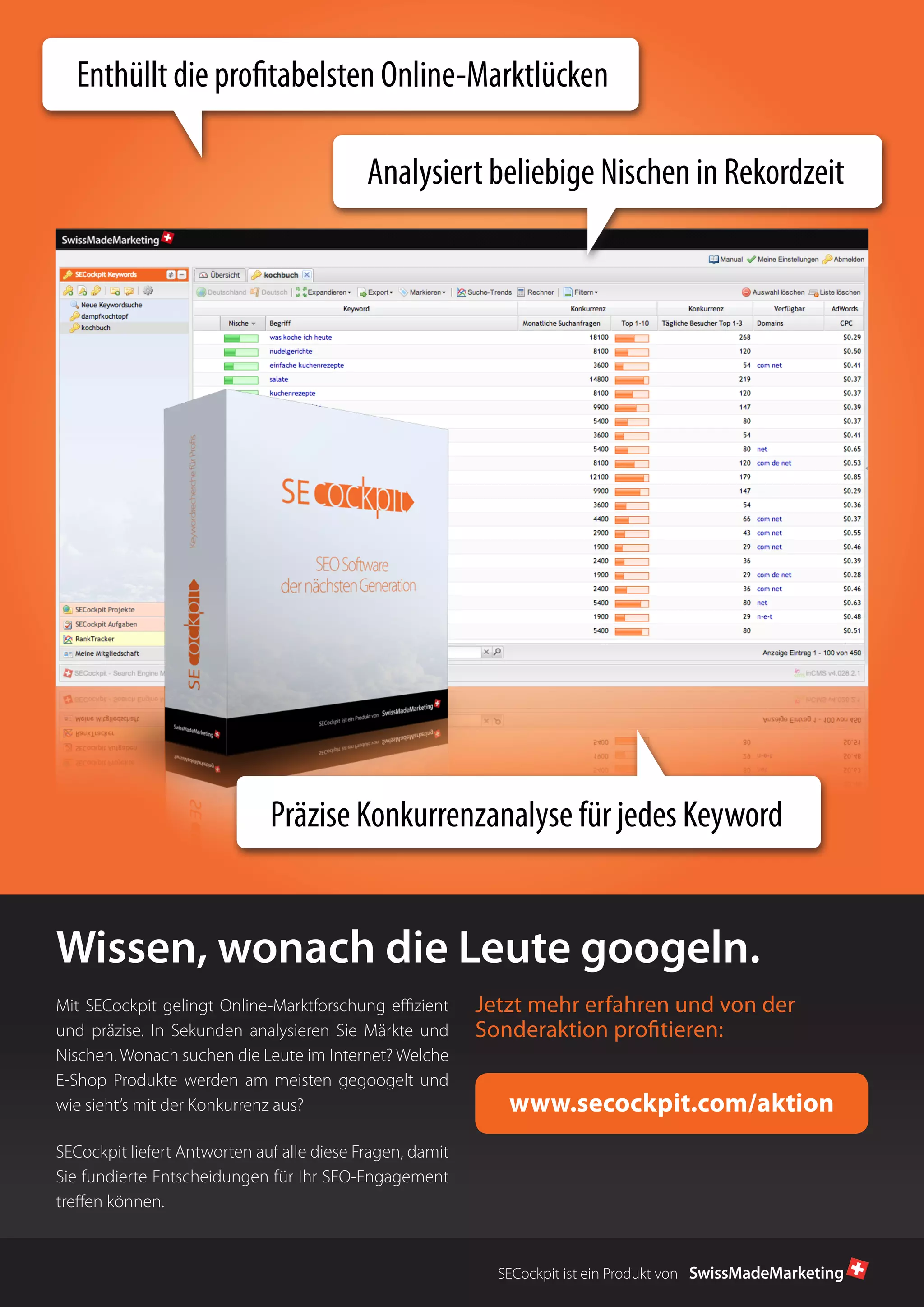 Enthüllt die profitabelsten Online-Marktlücken 
Analysiert beliebige Nischen in Rekordzeit 
Präzise Konkurrenzanalyse für jedes Keyword 
Wissen, wonach die Leute googeln. 
www.secockpit.com/aktion 
Mit SECockpit gelingt Online-Marktforschung effizient 
und präzise. In Sekunden analysieren Sie Märkte und 
Nischen. Wonach suchen die Leute im Internet? Welche 
E-Shop Produkte werden am meisten gegoogelt und 
wie sieht’s mit der Konkurrenz aus? 
SECockpit liefert Antworten auf alle diese Fragen, damit 
Sie fundierte Entscheidungen für Ihr SEO-Engagement 
treffen können. 
Jetzt mehr erfahren und von der 
Sonderaktion profitieren: 
SECockpit ist ein Produkt von 
