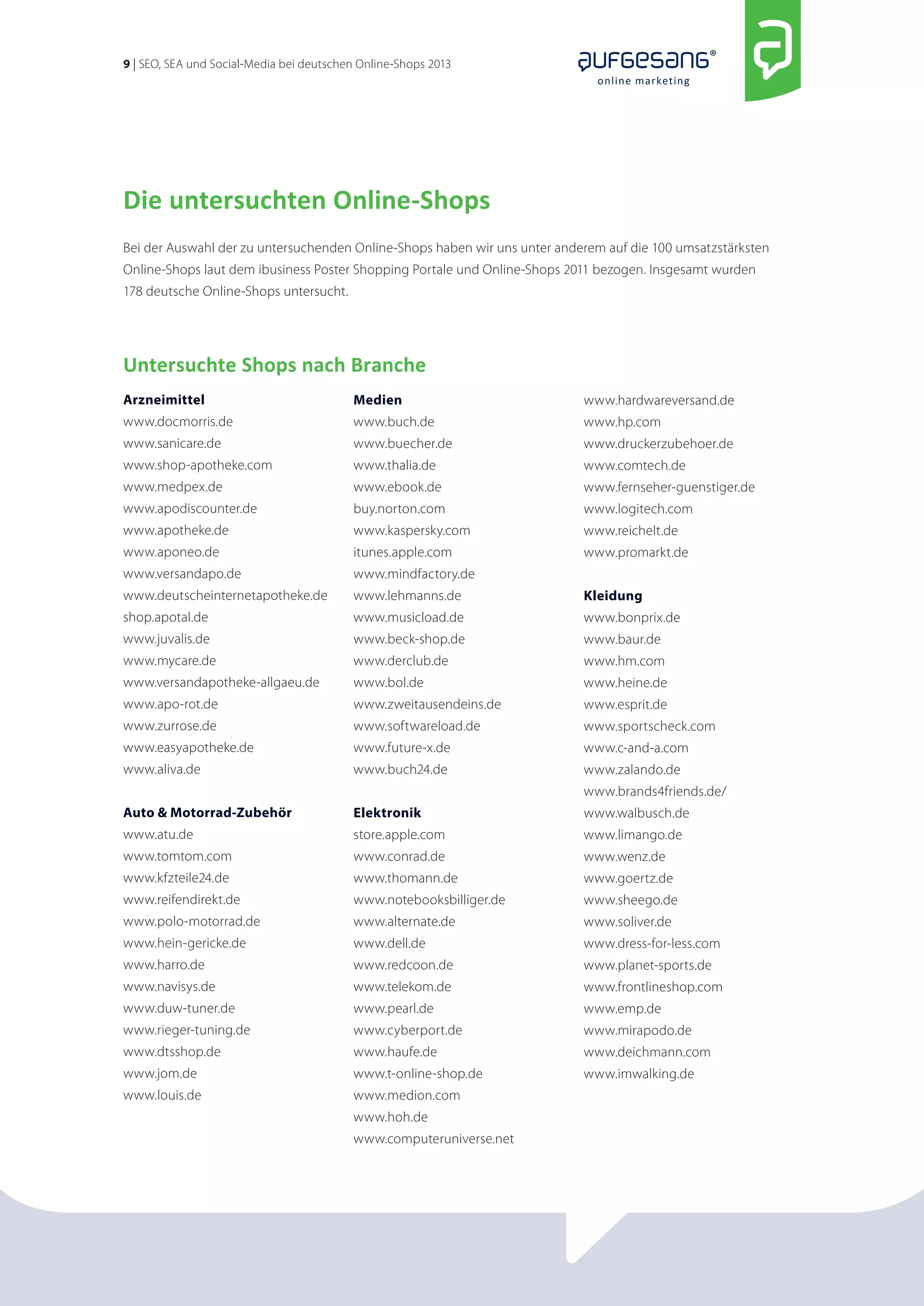 9 | SEO, SEA und Social-Media bei deutschen Online-Shops 2013 
online marketing 
Arzneimittel 
www.docmorris.de 
www.sanicare.de 
www.shop-apotheke.com 
www.medpex.de 
www.apodiscounter.de 
www.apotheke.de 
www.aponeo.de 
www.versandapo.de 
www.deutscheinternetapotheke.de 
shop.apotal.de 
www.juvalis.de 
www.mycare.de 
www.versandapotheke-allgaeu.de 
www.apo-rot.de 
www.zurrose.de 
www.easyapotheke.de 
www.aliva.de 
Auto & Motorrad-Zubehör 
www.atu.de 
www.tomtom.com 
www.kfzteile24.de 
www.reifendirekt.de 
www.polo-motorrad.de 
www.hein-gericke.de 
www.harro.de 
www.navisys.de 
www.duw-tuner.de 
www.rieger-tuning.de 
www.dtsshop.de 
www.jom.de 
www.louis.de 
Medien 
www.buch.de 
www.buecher.de 
www.thalia.de 
www.ebook.de 
buy.norton.com 
www.kaspersky.com 
itunes.apple.com 
www.mindfactory.de 
www.lehmanns.de 
www.musicload.de 
www.beck-shop.de 
www.derclub.de 
www.bol.de 
www.zweitausendeins.de 
www.softwareload.de 
www.future-x.de 
www.buch24.de 
Elektronik 
store.apple.com 
www.conrad.de 
www.thomann.de 
www.notebooksbilliger.de 
www.alternate.de 
www.dell.de 
www.redcoon.de 
www.telekom.de 
www.pearl.de 
www.cyberport.de 
www.haufe.de 
www.t-online-shop.de 
www.medion.com 
www.hoh.de 
www.computeruniverse.net 
www.hardwareversand.de 
www.hp.com 
www.druckerzubehoer.de 
www.comtech.de 
www.fernseher-guenstiger.de 
www.logitech.com 
www.reichelt.de 
www.promarkt.de 
Kleidung 
www.bonprix.de 
www.baur.de 
www.hm.com 
www.heine.de 
www.esprit.de 
www.sportscheck.com 
www.c-and-a.com 
www.zalando.de 
www.brands4friends.de/ 
www.walbusch.de 
www.limango.de 
www.wenz.de 
www.goertz.de 
www.sheego.de 
www.soliver.de 
www.dress-for-less.com 
www.planet-sports.de 
www.frontlineshop.com 
www.emp.de 
www.mirapodo.de 
www.deichmann.com 
www.imwalking.de 
Die untersuchten Online-Shops 
Bei der Auswahl der zu untersuchenden Online-Shops haben wir uns unter anderem auf die 100 umsatzstärksten 
Online-Shops laut dem ibusiness Poster Shopping Portale und Online-Shops 2011 bezogen. Insgesamt wurden 
178 deutsche Online-Shops untersucht. 
Untersuchte Shops nach Branche 
 