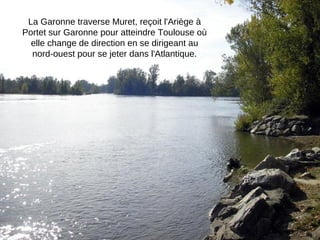 La Garonne traverse Muret, reçoit l'Ariège à
Portet sur Garonne pour atteindre Toulouse où
elle change de direction en se dirigeant au
nord-ouest pour se jeter dans l'Atlantique.
 