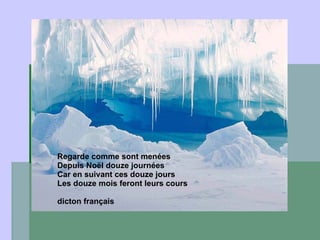 Regarde comme sont menées Depuis Noël douze journées  Car en suivant ces douze jours Les douze mois feront leurs cours    dicton français 