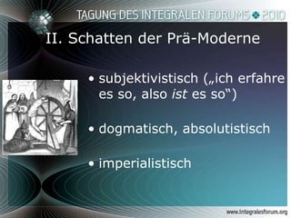 II. Schatten der Prä-Moderne subjektivistisch („ich erfahre es so, also  ist  es so“) dogmatisch, absolutistisch imperialistisch 