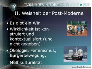 II. Weisheit der Post-Moderne Es gibt ein Wir Wirklichkeit ist kon-struiert und kontextualisiert (und nicht gegeben) Ökologie, Feminismus, Bürgerbewegung, Multikulturalität   