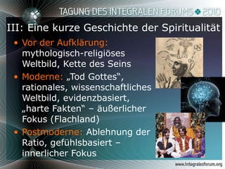 III: Eine kurze Geschichte der Spiritualität Vor der Aufklärung:  mythologisch-religiöses Weltbild, Kette des Seins Moderne:  „Tod Gottes“, rationales, wissenschaftliches Weltbild, evidenzbasiert, „harte Fakten“ – äußerlicher Fokus (Flachland) Postmoderne:  Ablehnung der Ratio, gefühlsbasiert – innerlicher Fokus 
