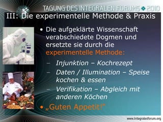 III: Die experimentelle Methode & Praxis Die aufgeklärte Wissenschaft verabschiedete Dogmen und ersetzte sie durch die  experimentelle Methode: Injunktion – Kochrezept Daten / Illumination – Speise kochen & essen Verifikation – Abgleich mit anderen Köchen „ Guten Appetit!“ 