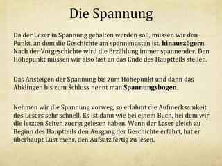 Die Spannung
Da der Leser in Spannung gehalten werden soll, müssen wir den
Punkt, an dem die Geschichte am spannendsten ist, hinauszögern.
Nach der Vorgeschichte wird die Erzählung immer spannender. Den
Höhepunkt müssen wir also fast an das Ende des Hauptteils stellen.
Das Ansteigen der Spannung bis zum Höhepunkt und dann das
Abklingen bis zum Schluss nennt man Spannungsbogen.
Nehmen wir die Spannung vorweg, so erlahmt die Aufmerksamkeit
des Lesers sehr schnell. Es ist dann wie bei einem Buch, bei dem wir
die letzten Seiten zuerst gelesen haben. Wenn der Leser gleich zu
Beginn des Hauptteils den Ausgang der Geschichte erfährt, hat er
überhaupt Lust mehr, den Aufsatz fertig zu lesen.

 