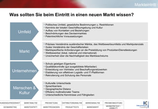 Was sollten Sie beim Eintritt in einen neuen Markt wissen? Markteintritt Umfeld Markt Unternehmen Menschen & Kultur Politisches Umfeld, gesetzliche Bestimmungen u. Restriktionen Kenntnis der lokalen Geschäftsumgebung und Kultur Aufbau von Kontakten und Beziehungen Beschränkungen des Devisenmarktes Patentrechtliche Voraussetzungen Präzises Verständnis ausländischer Märkte, des Wettbewerbsumfelds und Marktpotenzials Gutes Verständnis der Geschäftsrisiken Marktspezifische Anforderungen an die Preisbildung von Produkten/Dienstleistungen Wettbewerber (lokal, national und international) Unsicherheit über die Nachhaltigkeit des Marktwachstums Schutz geistigen Eigentums Qualitätskontrolle (gut ausgebildete Mitarbeiter) Entwicklung von Vertriebs- und Beschaffungsnetzwerken Etablierung von effektiven Logistik- und IT-Plattformen Rekrutierung und Schulung des Personals Kulturelle Unterschiede Sprachbarriere Geographische Distanz Effizienz multinationaler Teams Unterschiedliche Kenntnisse und Fähigkeiten 