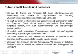 Nutzen von IC Trends und Forecasts Mit den IC Trends und Forecasts hilft Ihnen InterConnection die Entwicklung ihrer Märkte zu prognostizieren, um frühzeitig Chancenfenster zu erkennen und Risiken zu vermeiden IC setzt auf einen Methodenmix aus qualitativen und quantitativen Daten zur Prognose. Damit können exakte datenbasierte Entwicklungen aufgezeigt werden, aber auch Zusammenhänge und Begründungen werden deutlich IC erstellt auch interaktiver Prognosetools, damit der Auftraggeber selbständig Auswertungen vornehmen kann Die Daten werden ex post validiert und kalibriert. So werden in den Branchen die Prognosemodelle von Jahr zu Jahr besser.  Wir haben den Anspruch höchster Transparenz. Wir erklären im Detail die Einflussfaktoren im Modell und stellen das Modell dem Auftraggeber zur Verfügung Trends und Forecasts 
