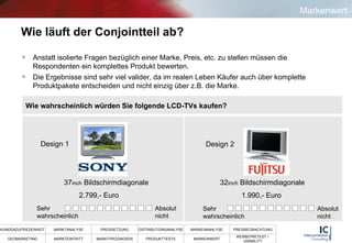 Wie läuft der Conjointteil ab? Anstatt isolierte Fragen bezüglich einer Marke, Preis, etc. zu stellen müssen die Respondenten ein komplettes Produkt bewerten.  Die Ergebnisse sind sehr viel valider, da im realen Leben Käufer auch über komplette Produktpakete entscheiden und nicht einzig über z.B. die Marke.  37 inch  Bildschirmdiagonale 32 inch  Bildschirmdiagonale Design 1 Design 2 2.799,- Euro 1.990,- Euro Sehr wahrscheinlich Absolut nicht Sehr wahrscheinlich Absolut nicht Markenwert Wie wahrscheinlich würden Sie folgende LCD-TVs kaufen? 
