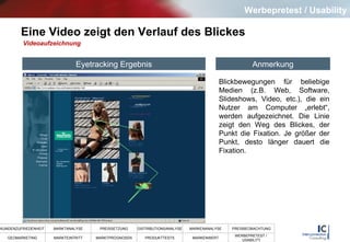 Eine Video zeigt den Verlauf des Blickes Videoaufzeichnung Blickbewegungen für beliebige Medien (z.B. Web, Software, Slideshows, Video, etc.), die ein Nutzer am Computer „erlebt“, werden aufgezeichnet. Die Linie zeigt den Weg des Blickes, der Punkt die Fixation. Je größer der Punkt, desto länger dauert die Fixation.  Eyetracking Ergebnis Anmerkung Werbepretest / Usability 