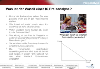 Was ist der Vorteil einer IC Preisanalyse? Durch die Preisanalyse sehen Sie was passiert, wenn Sie an der Preisschraube drehen.  Wie ändert sich mein Umsatz, wenn ich den Preis um 10% erhöhe/senke? Wohin wandern meine Kunden ab, wenn ich die Preise erhöhe? Wie wichtig ist der Preis im Vergleich zu anderen Eigenschaften meiner Produkte / Dienstleistungen? Sie erhalten valide Preisabsatzkurven für einzelne Kundensegmente  Die verwendeten analytischen Auswertungsansätze sind state of the art und werden in dieser Form weltweit nur von einer Handvoll Unternehmen angeboten  Preisanalyse Wir zeigen Ihnen bei welchem Preis die Kunden kaufen! Preis Absatz 
