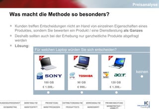 Was macht die Methode so besonders? Kunden treffen Entscheidungen nicht an Hand von einzelnen Eigenschaften eines Produktes, sondern Sie bewerten ein Produkt / eine Dienstleistung  als Ganzes Deshalb sollten auch bei der Erhebung nur ganzheitliche Produkte abgefragt werden Lösung: Für welchen Laptop würden Sie sich entscheiden? keinen 160 GB €  1.599,-  €  1.399,-  €  999,-  90 GB 120 GB Preisanalyse 