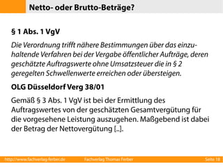 Vergaberechtsübersicht
Government Procurement Agreement
(GPA)

EG-Vertrag, EG-Vergaberichtlinien

Internationales Recht

EU-Recht

Nationales Recht
Haushaltsrecht
BHO, LHO, GemHVO

GWB Teil 4

VgV

VOL/A (2. Abschnitt),
VOB/A (2. Abschnitt),
VOF

http://www.fachverlag-ferber.de

SektVO

VSVgV

VOB/A
3. Abschn.

Fachverlag Thomas Ferber

Verw.-Vorschriften

VOL/A (1. Abschnitt),
VOB/A (1. Abschnitt)

Seite 18

 