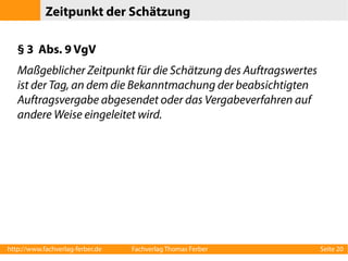 Vergaberechtsübersicht
Government Procurement Agreement
(GPA)

EG-Vertrag, EG-Vergaberichtlinien

Internationales Recht

EU-Recht

Nationales Recht
Haushaltsrecht
BHO, LHO, GemHVO

GWB Teil 4

VgV

VOL/A (2. Abschnitt),
VOB/A (2. Abschnitt),
VOF

http://www.fachverlag-ferber.de

SektVO

VSVgV

VOB/A
3. Abschn.

Fachverlag Thomas Ferber

Verw.-Vorschriften

VOL/A (1. Abschnitt),
VOB/A (1. Abschnitt)

Seite 20

 