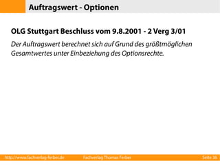 Bauauftrag oder Liefer-/Dienstleistungsauftrag?
●

Instandhaltung und Wartung von Bauwerken

●

Wartung der Straßenbeleuchtung

●

Wartung und Austausch von Brandmeldeanlagen

●

Technik für Richtfunkstationen

●

Lieferung und Montage von Küchengeräten

●

Neubeschaffung eines Planetariumprojektionssystems

http://www.fachverlag-ferber.de

Fachverlag Thomas Ferber

Seite 36

 