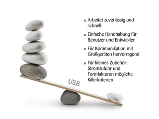 •   Arbeitet zuverlässig und
    schnell
•   Einfache Handhabung für
    Benutzer und Entwickler
•   Für Kommunikation mit
    Großgeräten hervorragend
•   Für kleines Zubehör:
    Stromzufuhr und
    Formfaktoren mögliche
    Killerkriterien
 