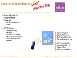 Lesen and Schreiben von Tags


•      Unterstützung für
       verschiedene
       Tagtypen
       – NFC Forum Type 1-4
       – Mifare

•      API-Features
       – Tag-Annäherung
         erkennen                                                         Passiver Tag mit
       – Lesen und Schreiben                            passive           Serien-Nummer,
         von NDEF-Nachrichten                                             Lieferant, Datum der
       – Low-Level-Zugriff auf                                            letzten Inspektion etc.
         Sektoren                                       active

                                                                          Card emulation für
                                                                          den Austausch von
                                                                          Status-Infos,
                                                                          Geräteeinstellungen



Auf Tuchfühlung mit smarten Geräten | Masanori Fujita   März 2012   Slide 34           © Zühlke 2012
 