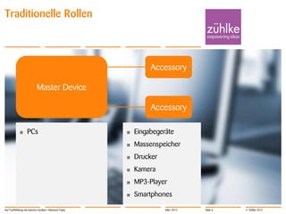 Traditionelle Rollen



                                                                 Accessory

                            Master Device

                                                                 Accessory

            •      PCs                                  •   Eingabegeräte
                                                        •   Massenspeicher
                                                        •   Drucker
                                                        •   Kamera
                                                        •   MP3-Player
                                                        •   Smartphones

Auf Tuchfühlung mit smarten Geräten | Masanori Fujita                 März 2012   Slide 6   © Zühlke 2012
 