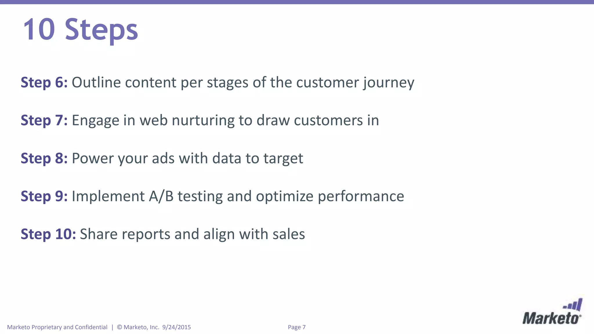 Page 7Marketo Proprietary and Confidential | © Marketo, Inc. 9/24/2015
10 Steps
Step 6: Outline content per stages of the customer journey
Step 7: Engage in web nurturing to draw customers in
Step 8: Power your ads with data to target
Step 9: Implement A/B testing and optimize performance
Step 10: Share reports and align with sales
 