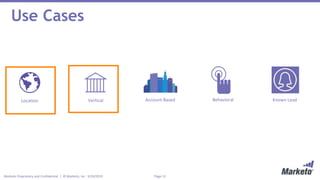 Page 13Marketo Proprietary and Confidential | © Marketo, Inc. 9/24/2015
Use Cases
Location Vertical Known LeadAccount-Based Behavioral
 
